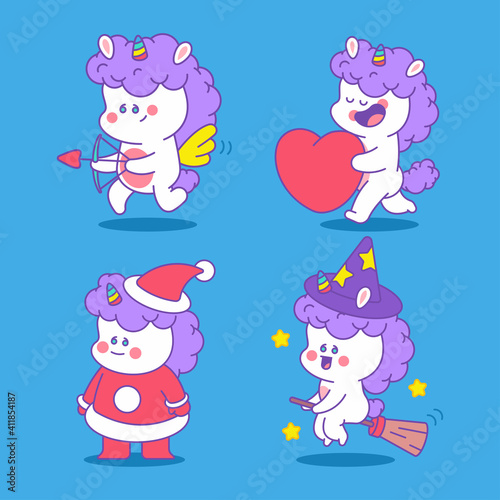 Unicorn holiday characters vector cartoon set isolated on background.