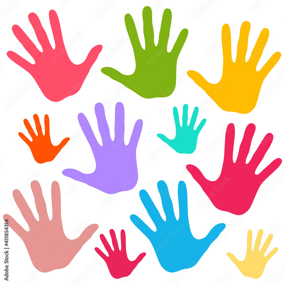 Colorful paper child palm hand vector set isolated on a white background.