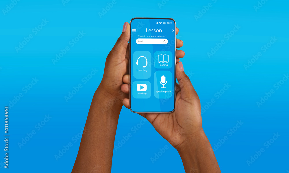 Online Learning. Black Hands Holding Smartphone With Educational App Interface On Screen Online Learning. Black Hands Holding Smartphone With Educational App Interface On Screen