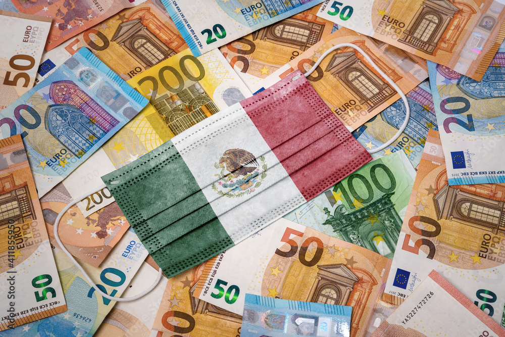 Medical mask with the flag of Mexico on a variety of european banknotes.(series)
