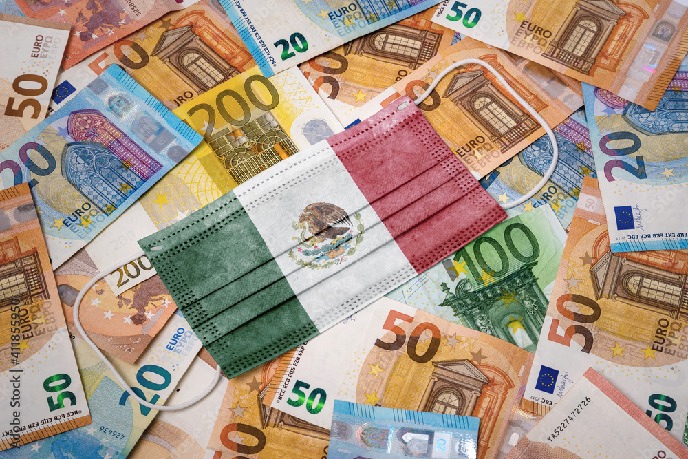 Medical mask with the flag of Mexico on a variety of european banknotes.(series) Medical mask with the flag of Mexico on a variety of european banknotes.(series)