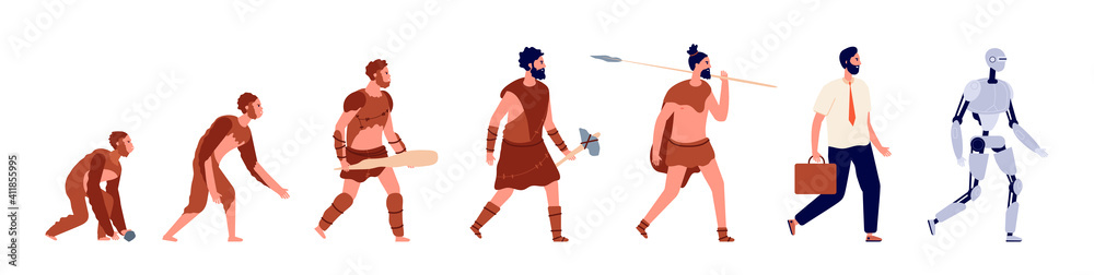Human evolution. Animal man, business clothes person cyborg. Primitive caveman, stone ages male character, anthropology vector concept. Monkey and caveman, evolution primate development illustration Human evolution. Animal man, business clothes person cyborg. Primitive caveman, stone ages male character, anthropology vector concept. Monkey and caveman, evolution primate development illustration
