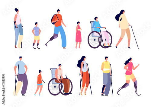 Disability people. Children trauma, people with bandages crutch in wheelchair. Disabled man woman, isolated injured person vector character. Illustration man in wheelchair, disabled people
