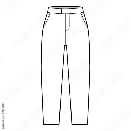 Short capri pants technical fashion illustration with mid-calf length, normal waist, high rise, slashed, flap pocket. Flat breeches bottom template front, white color style. Women, men CAD mockup