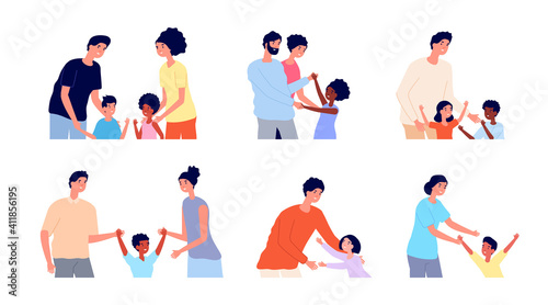 Kids adoption. Kid with new parents, father mother adopted child. People challenge life, international couples hug son vector scenes. Illustration mother and father, family care and adoption child