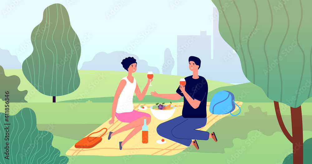 Fototapeta premium Couple on picnic. Spring picnics, garden or city park family date. Springtime outdoor activity, cartoon people eat on nature utter vector concept. Illustration couple in garden spring