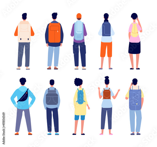 Backpackers characters. Travelling equipment, people backpack on back. Travel person stand with their backs, hiking or vacations utter vector set. Illustration character with backpack and equipment