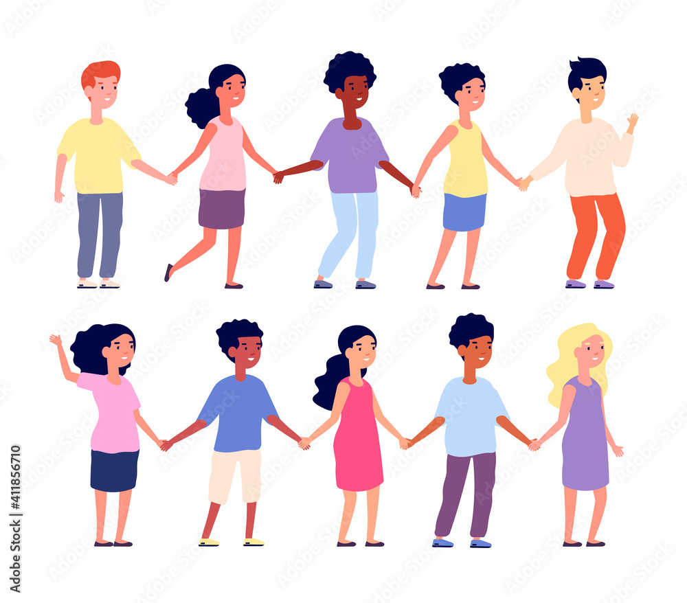Kids holding hands. Multicultural people, cartoon children friends together. Happy face, isolated kindergarten group, friendship utter vector concept. People kids multicultural happy