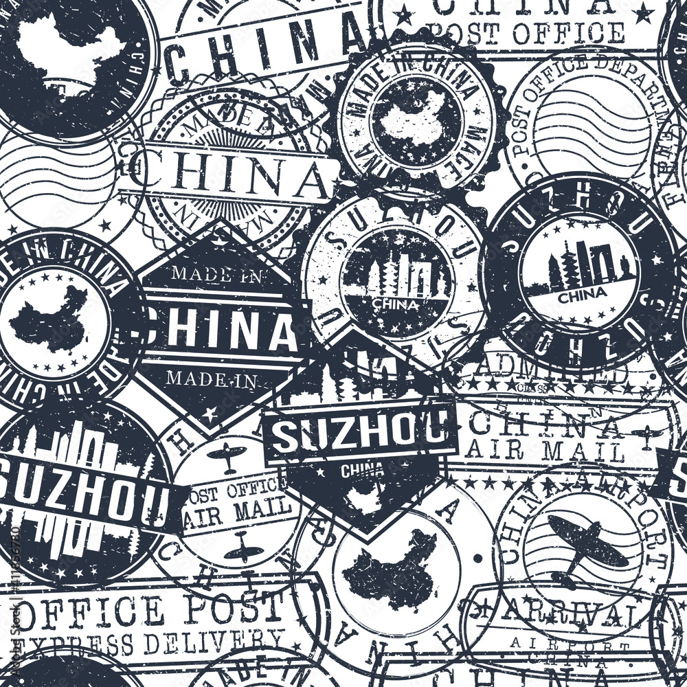 Suzhou, Anhui, China Set of Stamps. Travel Passport Stamps Pattern. Made In Product. Design Seals in Old Style Insignia Seamless. Icon Clip Art Vector Collection.