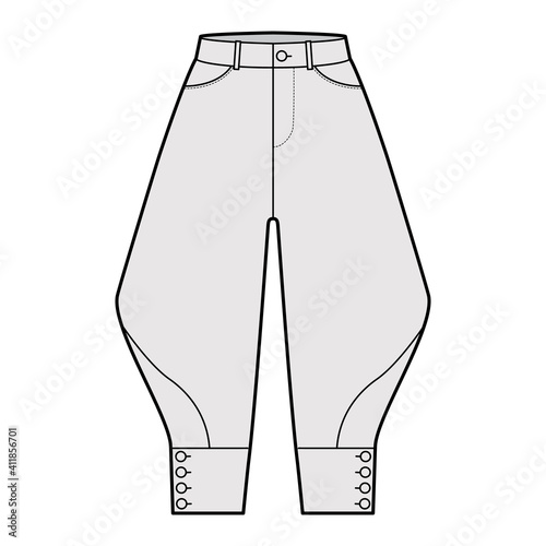 Riding breeches short pants technical fashion illustration with knee length, normal waist, high rise, curved pocket, buttoned. Flat bottom template front, grey color style. Women, men CAD mockup