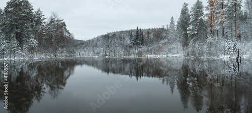 Mirror surface of the forest lake against the background of the forest after the first autumn snowfall, panorama.