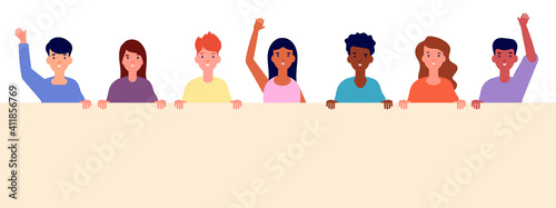 Kids hold empty banner. Fun children, diverse people with frame. School boy girl placard, isolated cartoon child with poster utter vector concept. Illustration boy and girl with empty banner