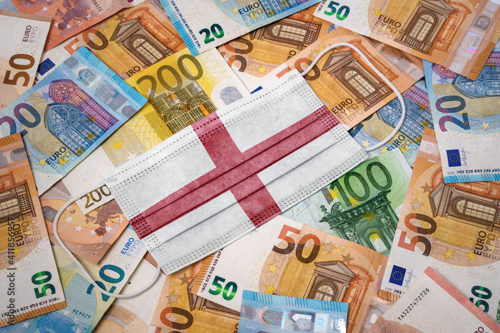 Medical mask with the flag of England on a variety of european banknotes.(series)