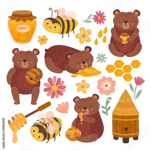 Honey and bear. Cartoon bears, plush grizzly animal with tasty honey. Flat honeycombs, hive and bee, funny baby wild exact vector characters. Illustration character teddy with honey