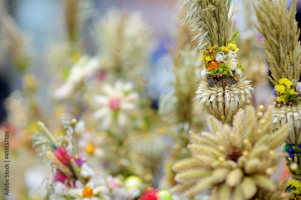 Traditional Lithuanian Easter palms known as verbos sold on Easter market in Vilnius. Lithuanian capital's annual traditional crafts fair is held every March on Old Town streets. Traditional Lithuanian Easter palms known as verbos sold on Easter market in Vilnius. Lithuanian capital's annual traditional crafts fair is held every March on Old Town streets.