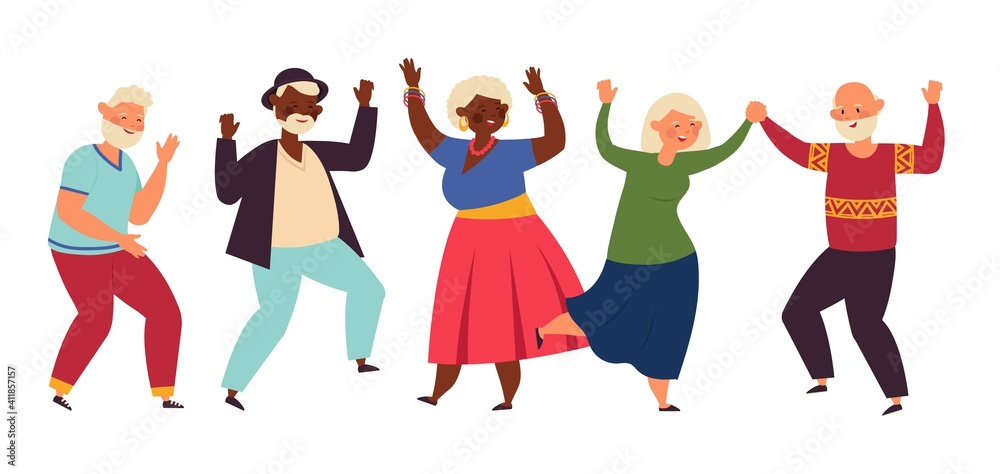 Dancing seniors. Elderly party, senior people dance fun. Old friends, isolated happy active grandparents, diverse dancers decent vector set. Illustration people group mature together dance