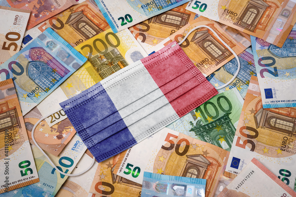 Medical mask with the flag of France on a variety of european banknotes.(series)