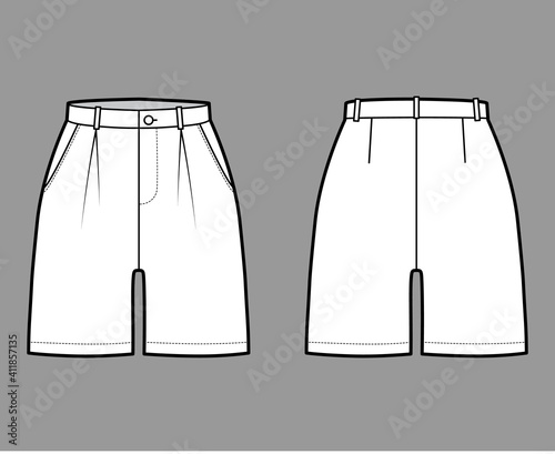 Short pants technical fashion illustration with mid-thigh length, single pleat, normal waist, high rise, slashed pocket. Flat bottom template front, back white color style. Women men unisex CAD mockup
