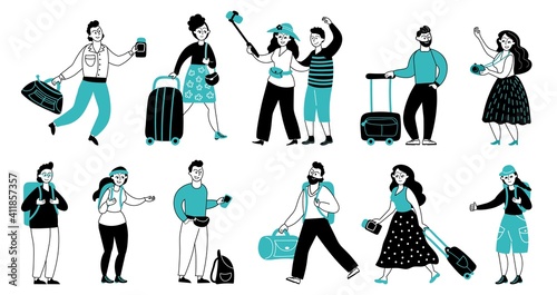 Tourists characters. Travel people, tourist vacation or journey. Person with luggage and backpacks, forest camp adventure decent vector collection. Illustration vacation and journey character
