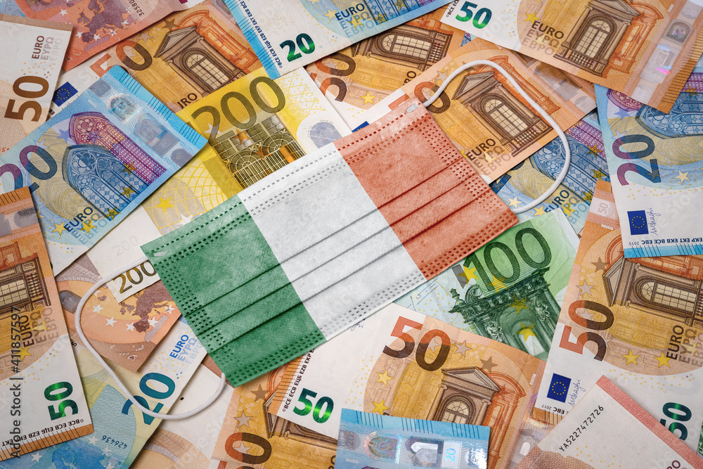 Medical mask with the flag of Ireland on a variety of european banknotes.(series)