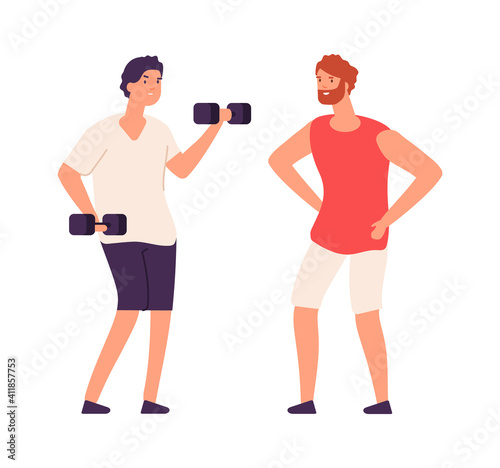 Sport guy swinging with dumbbells. Sporting workout with personal trainer. Isolated flat bodybuilder vector character. Sport guy and fitness exercise workout illustration
