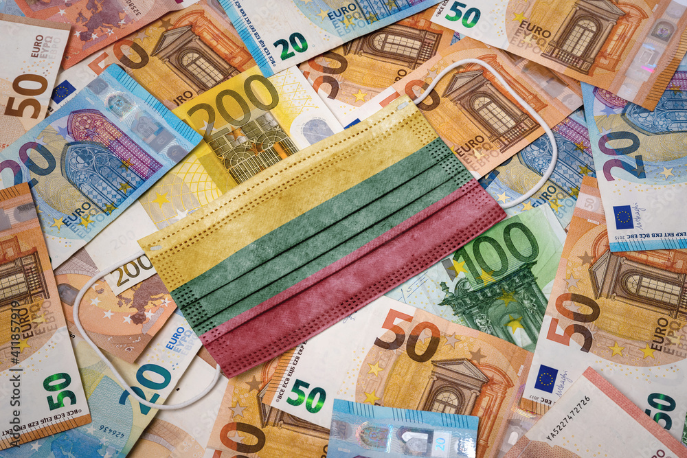 Medical mask with the flag of Lithuania on a variety of european banknotes.(series) Medical mask with the flag of Lithuania on a variety of european banknotes.(series)