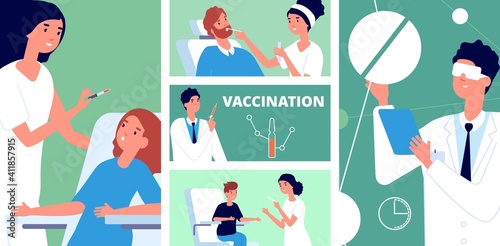 Medical research. Finding vaccine, antivirus vaccinating people. Vaccination new medications, doctors nurse patients. Pharmaceutical lab vector concept. Illustration virus vaccine, antivirus banner