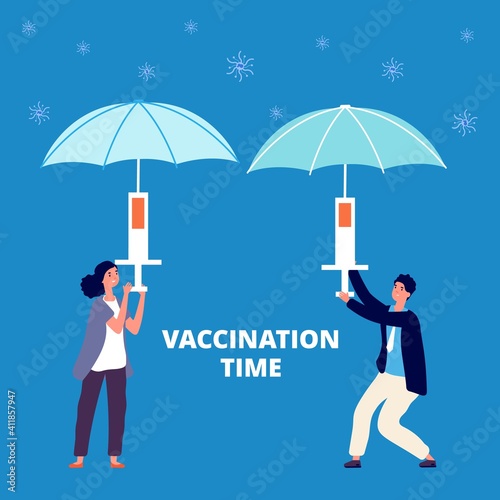 People treatment. Vaccination, virus prevention with new vaccine. Man woman holding syringe, injection for flu protection vector concept. Prevention vaccination, immunization virus illustration