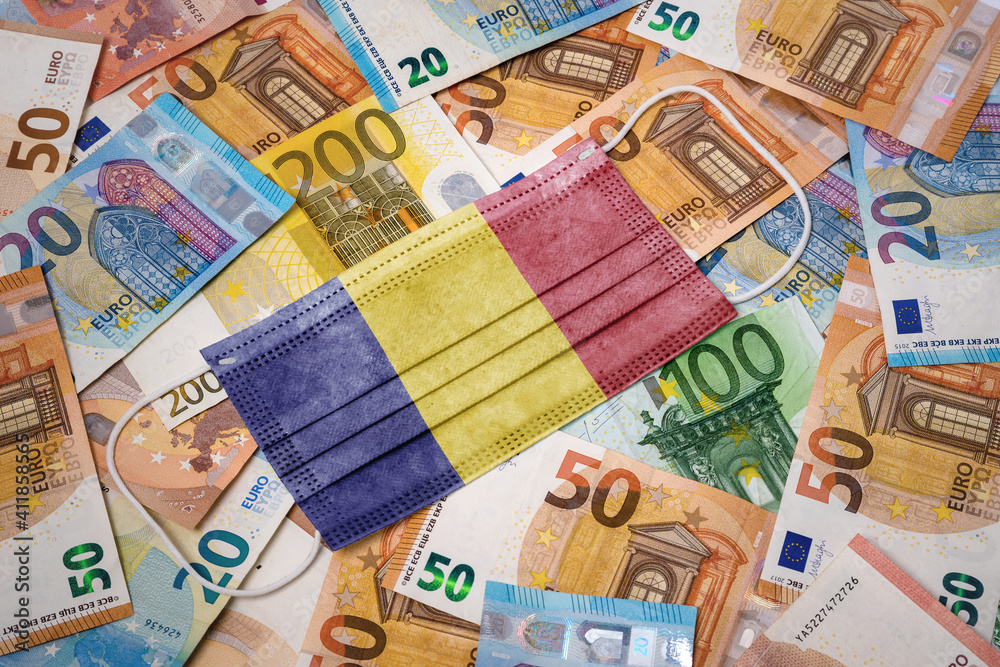 Medical mask with the flag of Romania on a variety of european banknotes.(series)