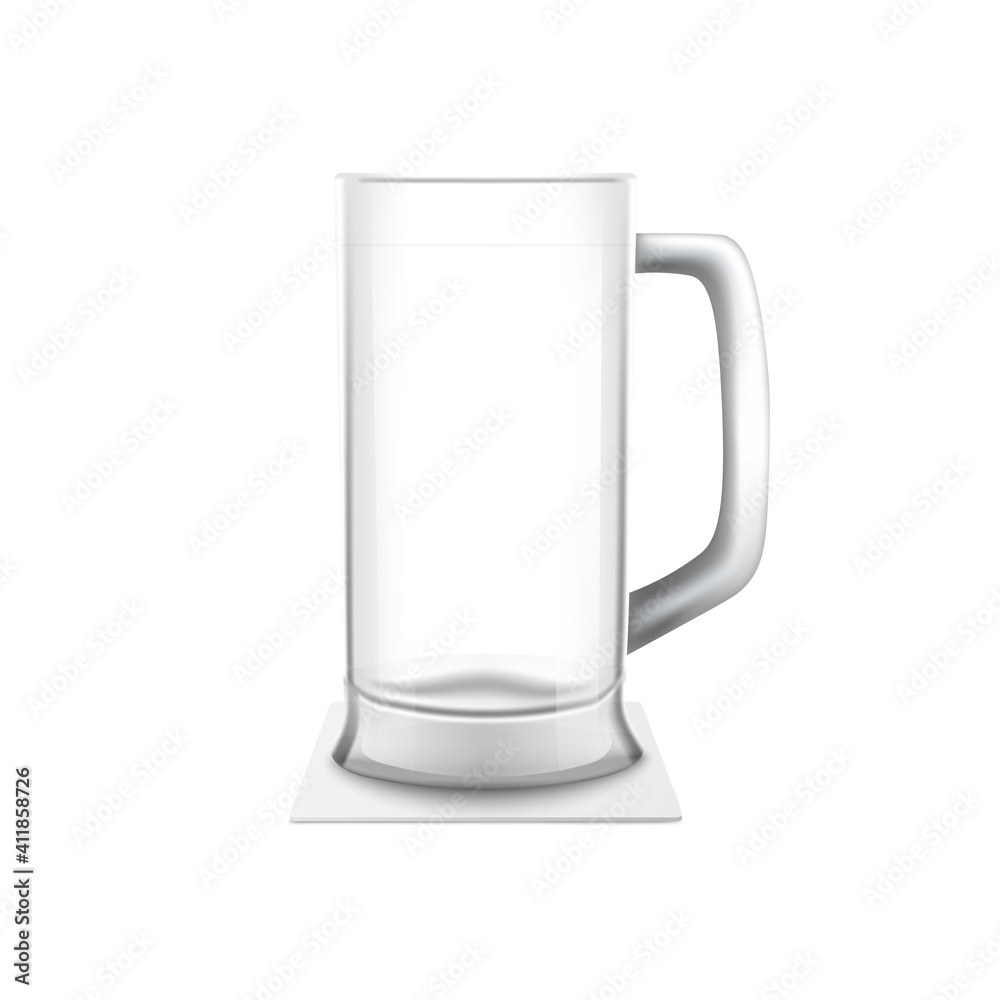 Empty glass beer mug on white coaster, realistic vector illustration isolated. Empty glass beer mug on white coaster, realistic vector illustration isolated.