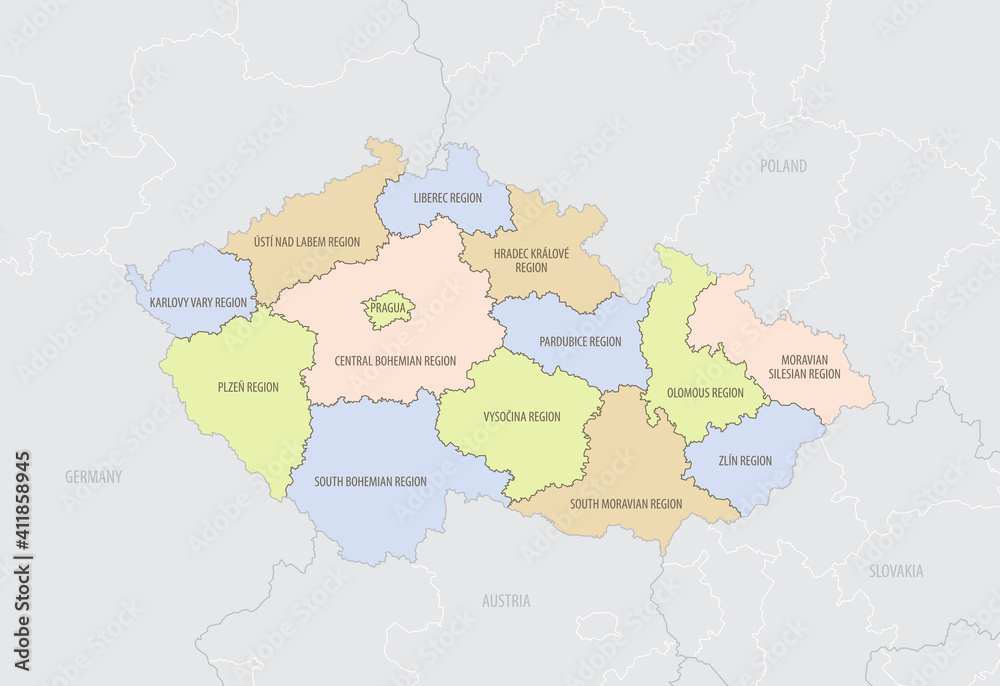 Detailed location map of Czech Republic in Europe with administrative divisions of the country, vector illustration