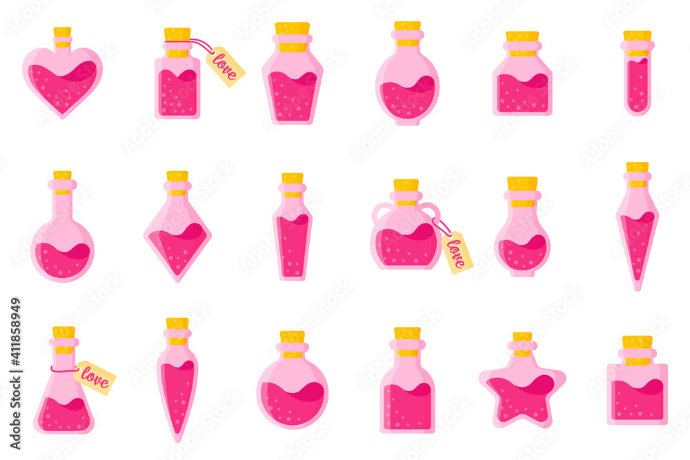 Set of love potion in bottles of different shapes with tag and heart for the wedding or Valentine's Day. Vector flat design isolated on white background.