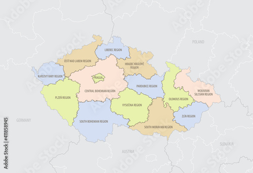 Detailed location map of Czech Republic in Europe with administrative divisions of the country  vector illustration