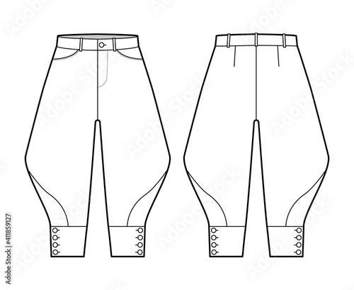 Riding breeches short pants technical fashion illustration with knee length, low waist, rise, curved pocket, buttoned. Flat bottom template front, back, white color style. Women, men CAD mockup photo