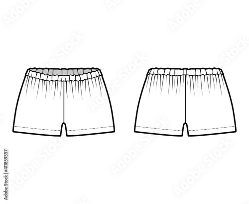 Short tap pants technical fashion illustration with mini length, low waist, rise, gathered. Flat sleepwear bottom apparel template front, back, white color style. Women men unisex CAD mockup