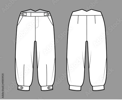 Short plus fours pants technical fashion illustration with tab, knee length, normal waist, rise, slashed pocket. Flat breeches bottom template front, back, white color style. Women, men CAD mockup