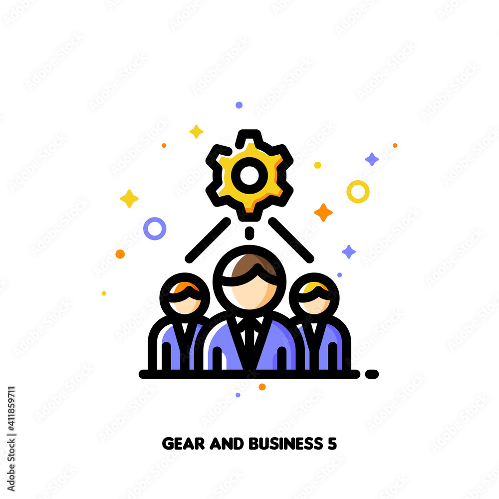 Icon of business team and gear for technical project development optimization concept. Flat filled outline style. Pixel perfect 64x64. Editable stroke Icon of business team and gear for technical project development optimization concept. Flat filled outline style. Pixel perfect 64x64. Editable stroke