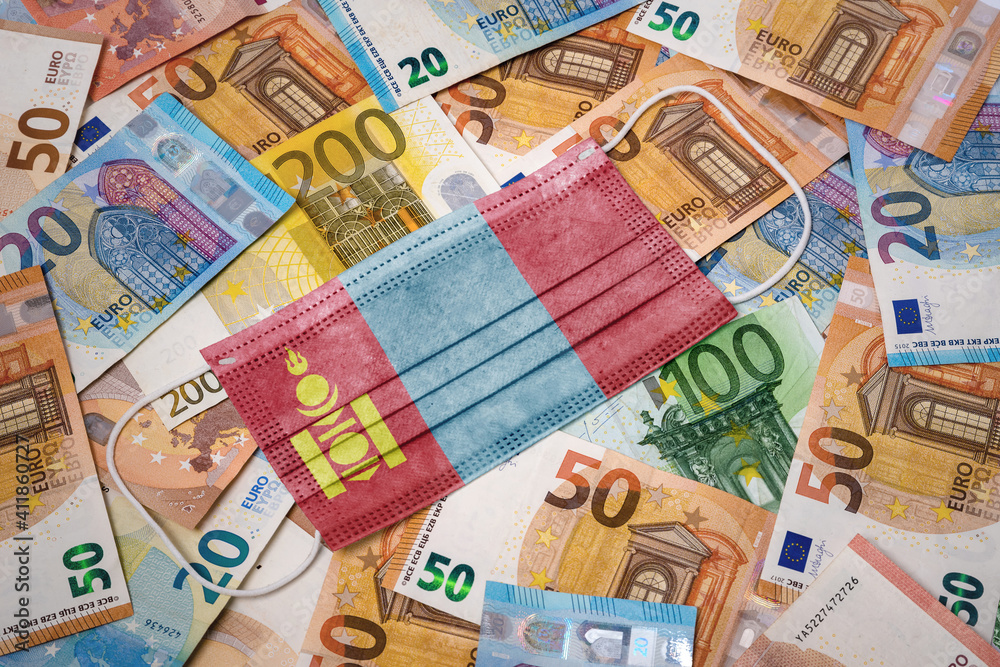 Medical mask with the flag of Mongolia on a variety of european banknotes.(series) Medical mask with the flag of Mongolia on a variety of european banknotes.(series)