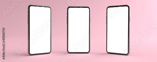 3D rendering of mockups Smartphones white screen on pink floor, Mobile phone lay down on the ground. Smartphones white screen can be used for commercial advertising, Isolated on pink background.