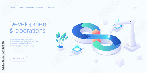 Web development or devops concept in isometric vector design. Developing of internet app or online website service. Creative vector illustration. Landing page layout or banner template.
