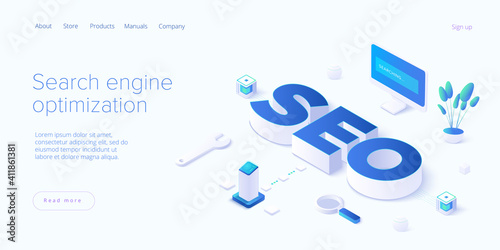 SEO development isometric vector illustration. Website or webpage development concept. Search engine optimization for business purposes.