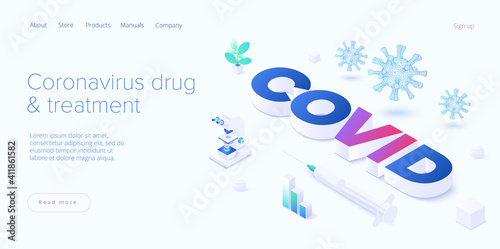 Virus vaccination in isometric vector design. Flu or coronavirus research. Medical covid antidote or antivirus vaccine. Pandemic background. Web banner layout template.
