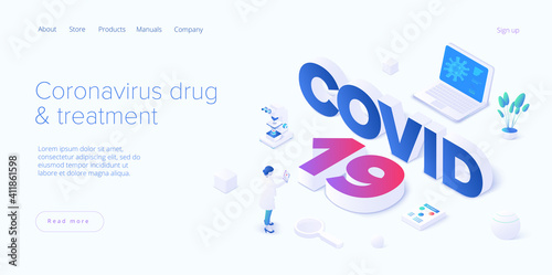 Virus vaccination in isometric vector design. Flu or coronavirus research. Medical covid antidote or antivirus vaccine. Pandemic background. Web banner layout template.