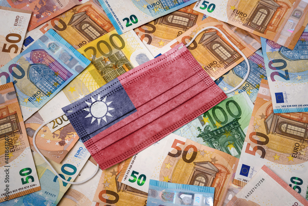 Medical mask with the flag of Taiwan on a variety of european banknotes.(series)