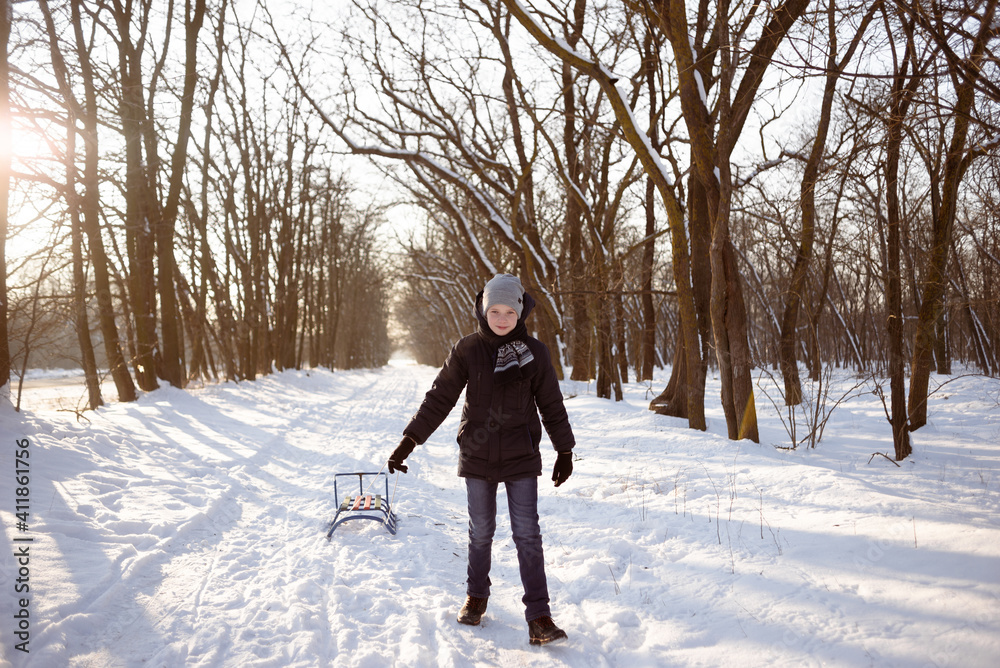 A boy runs with a sleigh, in winter. Cheerful and positive child.