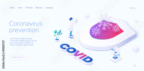 Coronavirus prevention or virus vaccination in isometric vector design. Shield as protective metaphor of covid antidote or antivirus vaccine. Pandemic background.