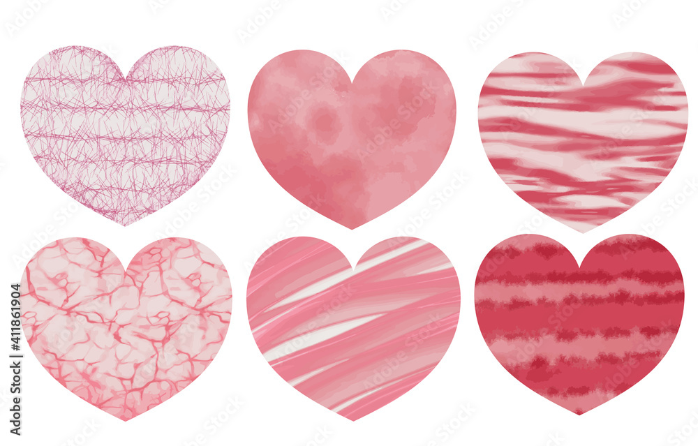  set of different hearts in a hand-drawn style. Pink and red hearts in an abstract style. Romantic elements for the design of invitations, postcards