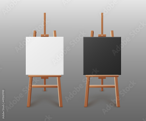 Black and white artboards on easels, realistic vector illustration isolated.