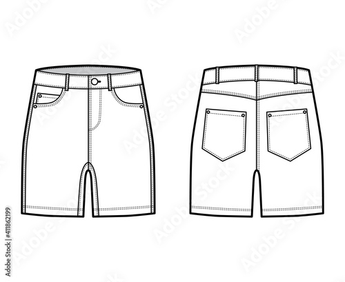 Denim short pants technical fashion illustration with mid-thigh length, low waist, rise, curved, angled 5 pockets. Flat bottom template front, back, white color style. Women, men, unisex CAD mockup