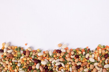 Mixed beans multi grain colorful mixture horizontal line frame border copy text space on white background